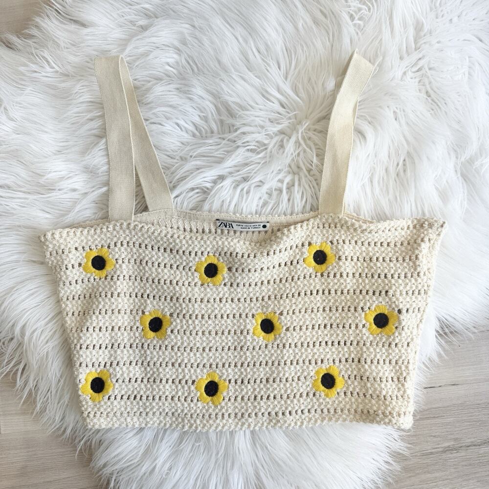 Zara Tan Open Crochet Sunflower Embroidery Crop Tank Top Size M boho festival